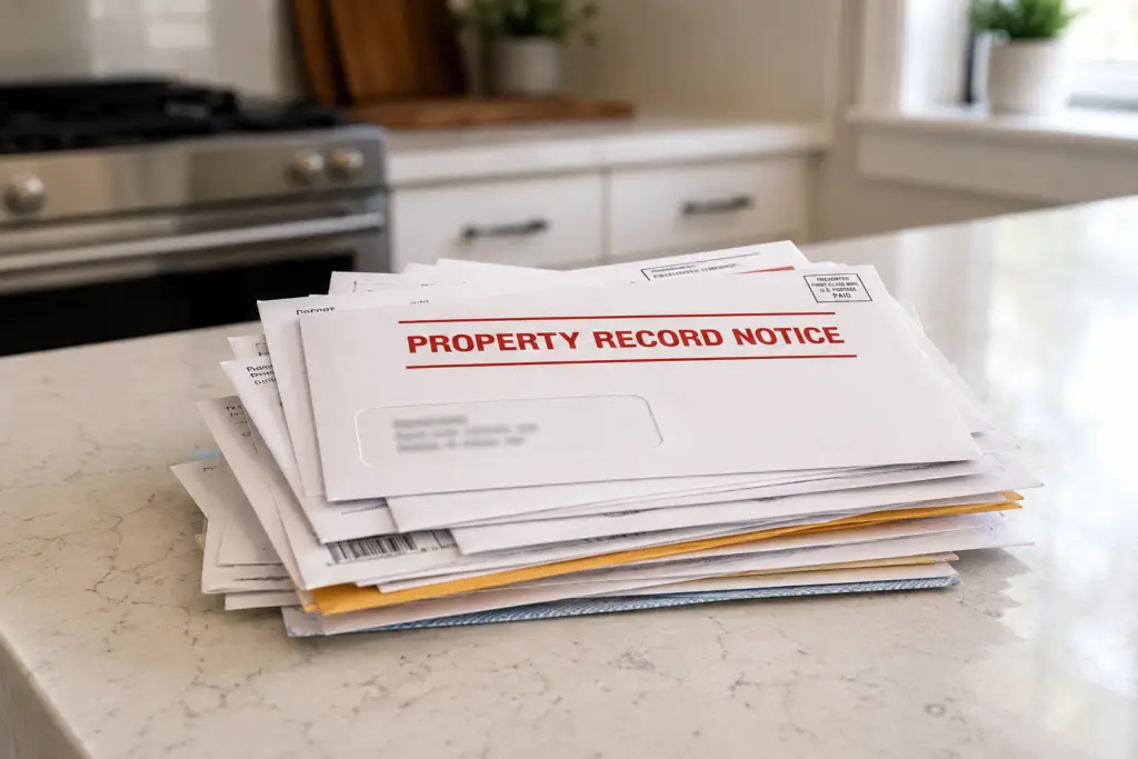 Stack of mail on a kitchen counter with a red Property Record Notice envelope on top.