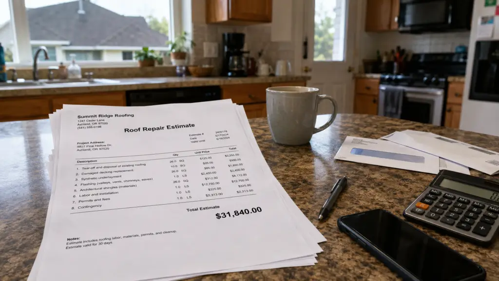A hight roof repair estimate sitting on a kitchen counter being reviewed.