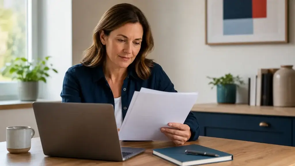 Homeowner reviewing property paperwork at a laptop at a kitchen table.