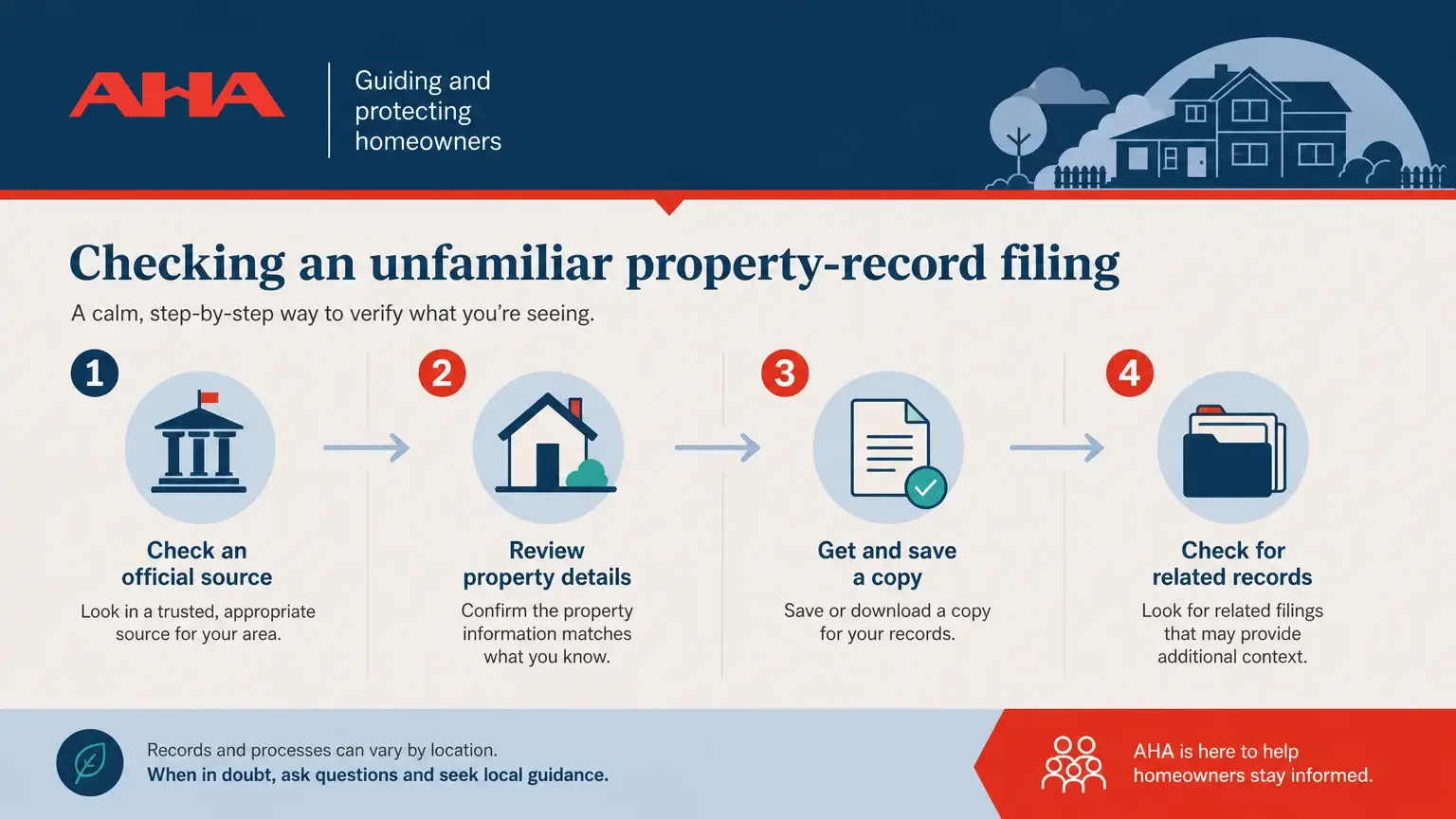 Four-step illustration for checking an unfamiliar property-record filing: check an official source, review property details, get a copy, and check related records.