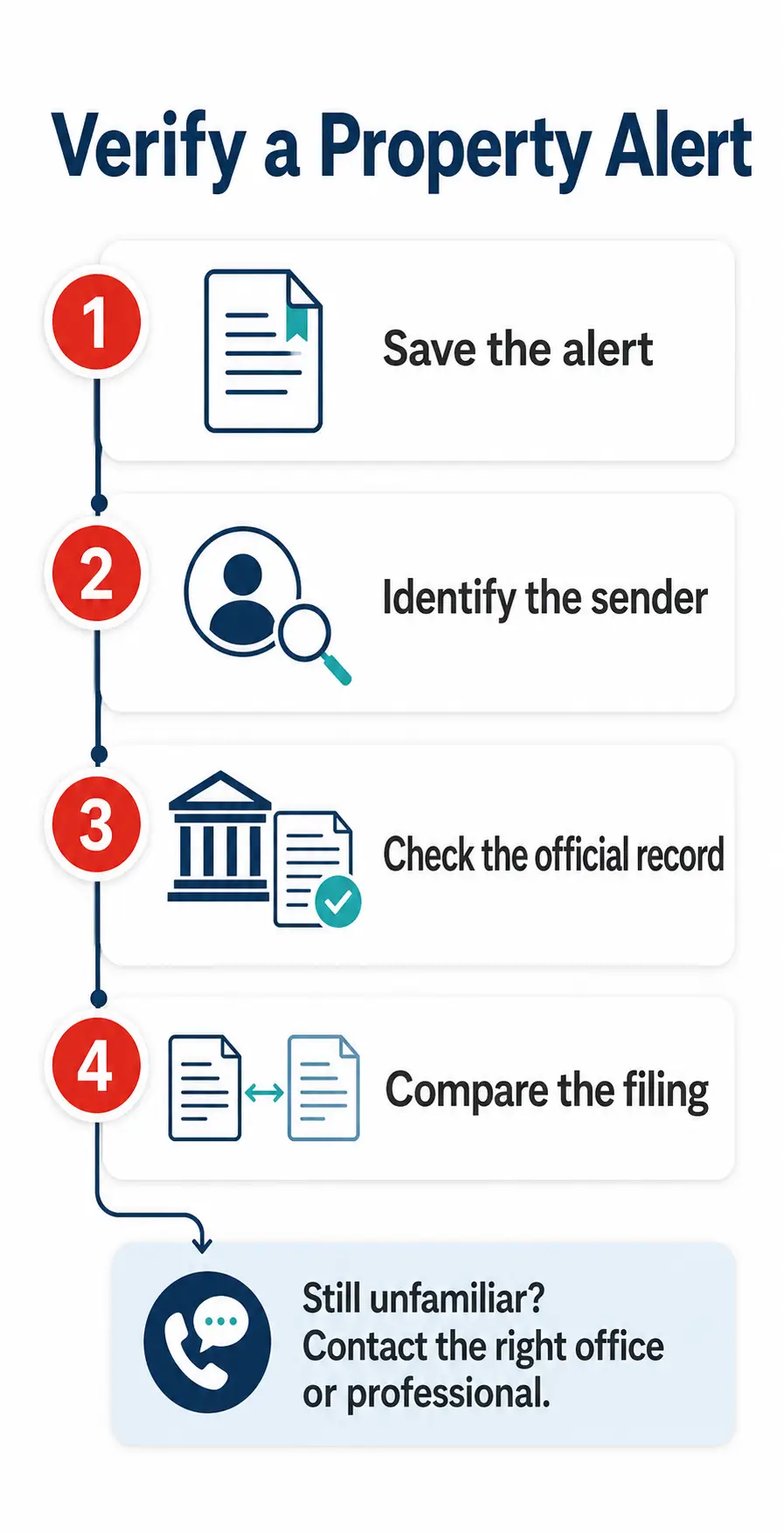 Four steps for responding to a property alert: save the alert, identify the sender, check the official record, and compare the filing before contacting the right office or professional.