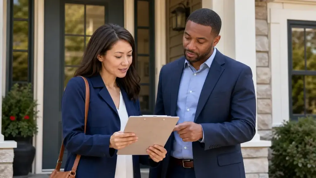 Homebuyer and real estate agent reviewing a buyer representation agreement together before touring a house