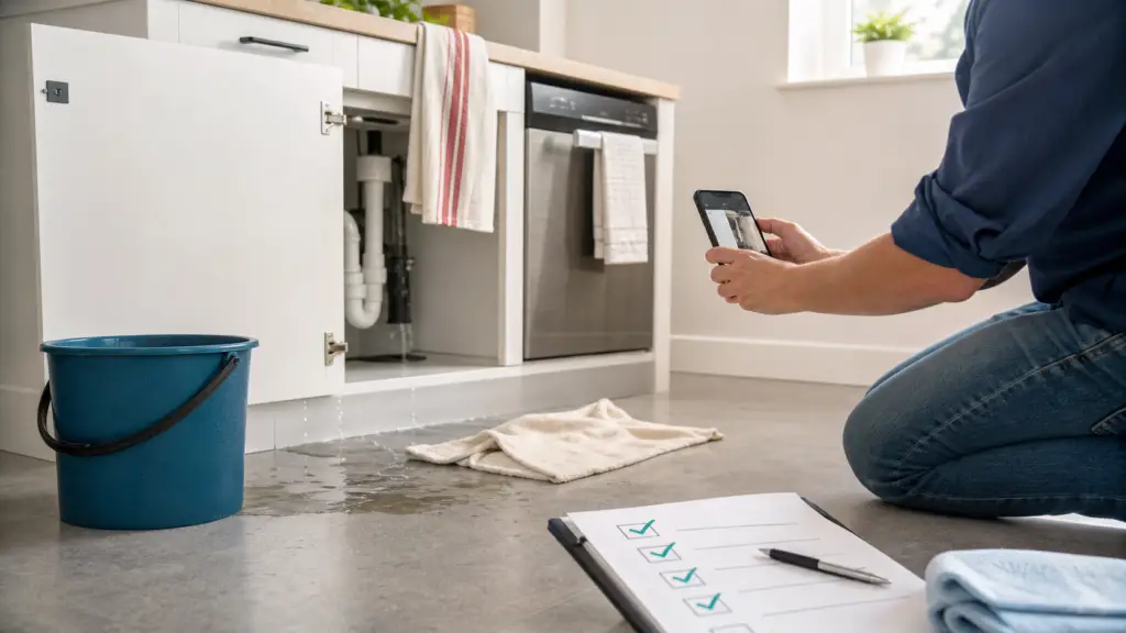 A calm first-response scene after a home water leak with towels, a phone, and a simple checklist.