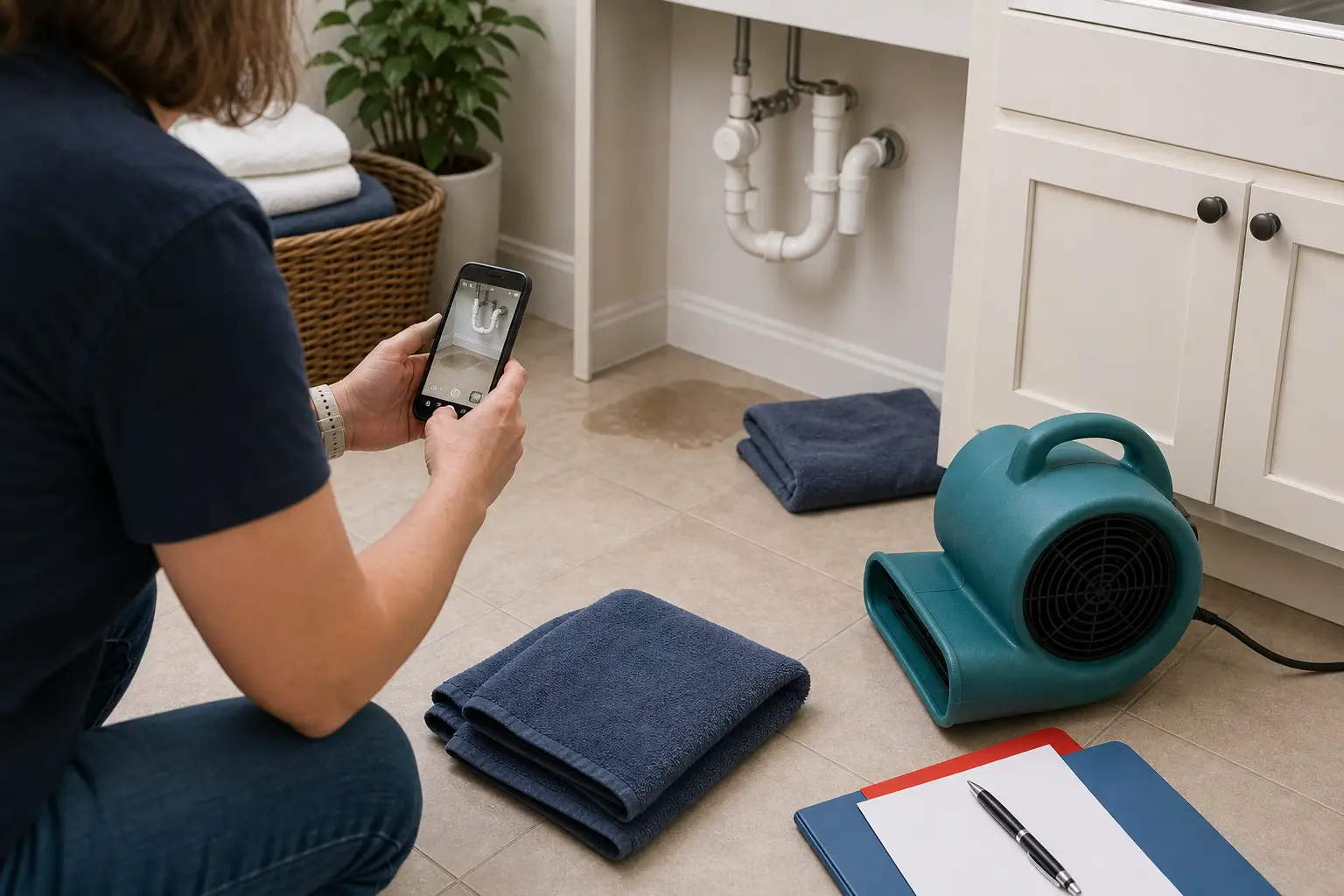 A homeowner documentation and drying setup with phone photos, airflow, and a folder for leak records.