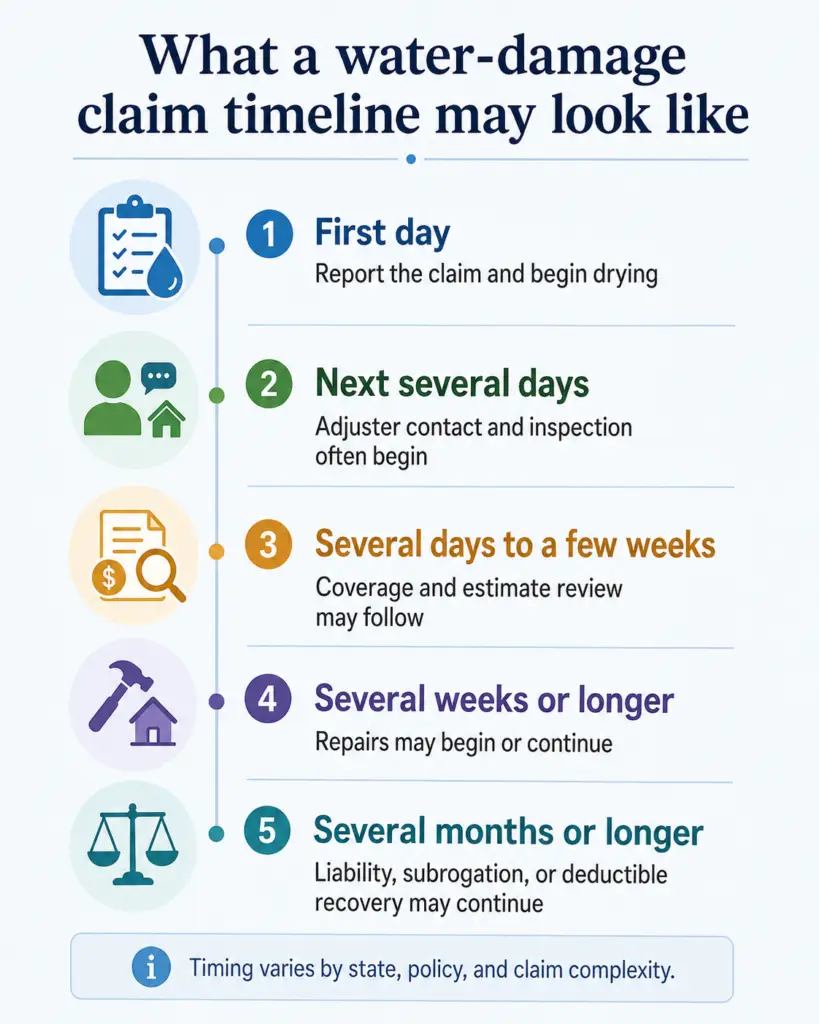Timeline showing the typical stages and possible duration of a condo or townhome water-damage claim.