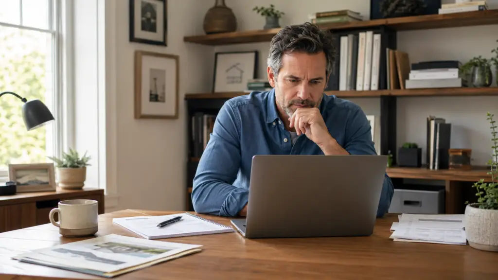 Middle-aged homeowner reviewing a property alert on a laptop in a home office with paperwork and property documents on the desk.