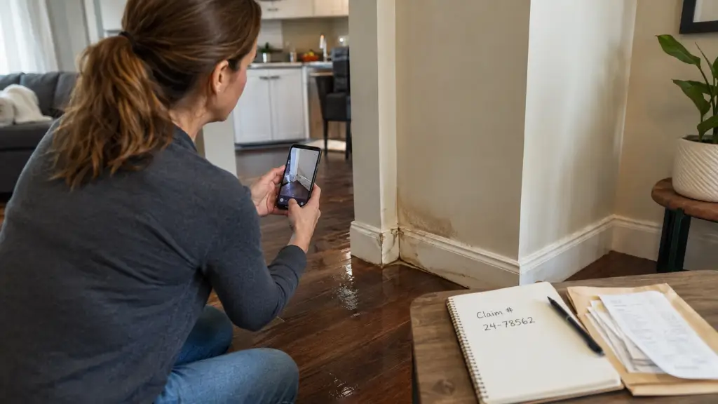 Homeowner photographing water damage and organizing receipts for an insurance claim.