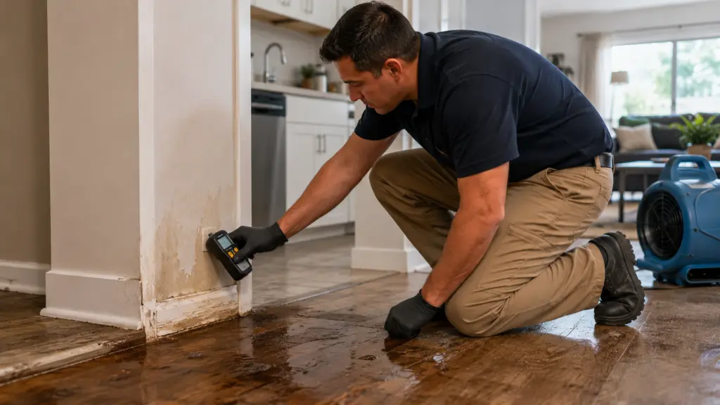 Water-mitigation technician checking moisture beneath wood flooring after a leak from a neighboring unit.