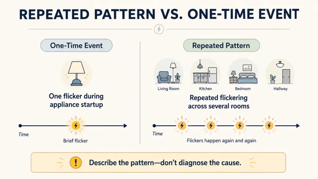 Timeline comparing a one-time light flicker with repeated flickering across several rooms.