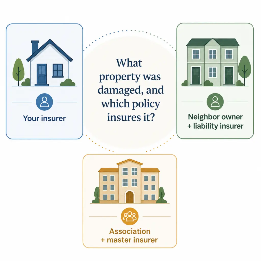Diagram showing the homeowner’s insurer, the neighbor’s liability insurer, and the association master insurer in a water-damage claim.