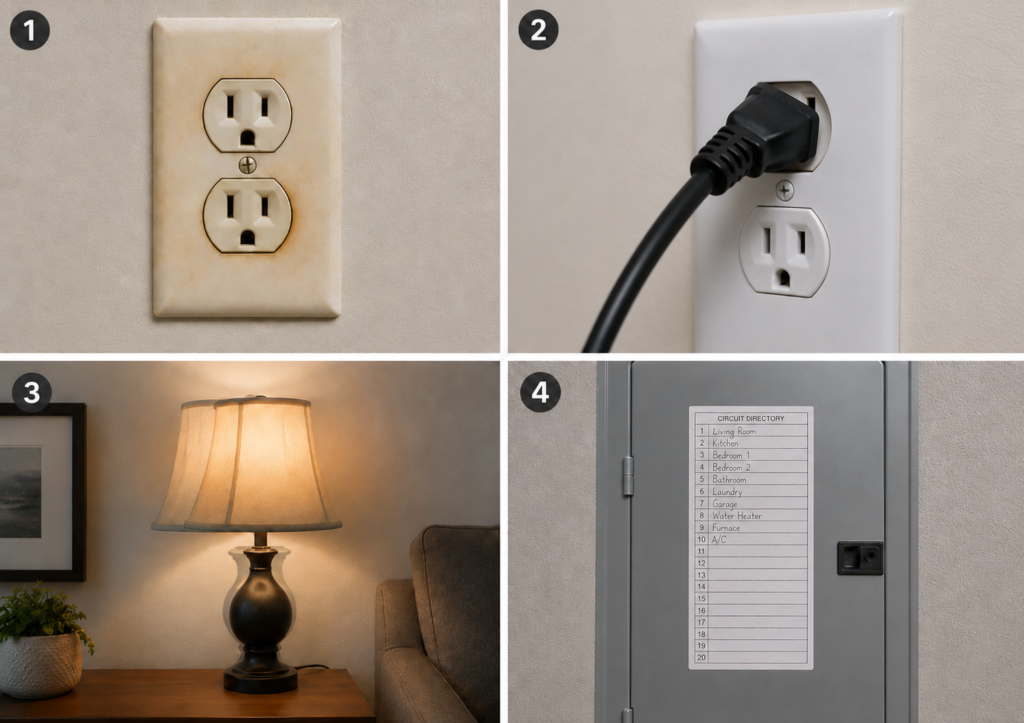 Examples of visible electrical warning signs including outlet discoloration, a loose plug, and a flickering lamp.