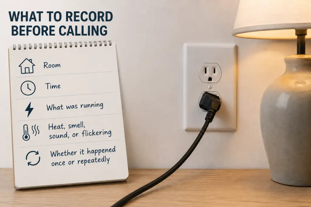 Homeowner recording the location and timing of an electrical warning sign before calling an electrician.
