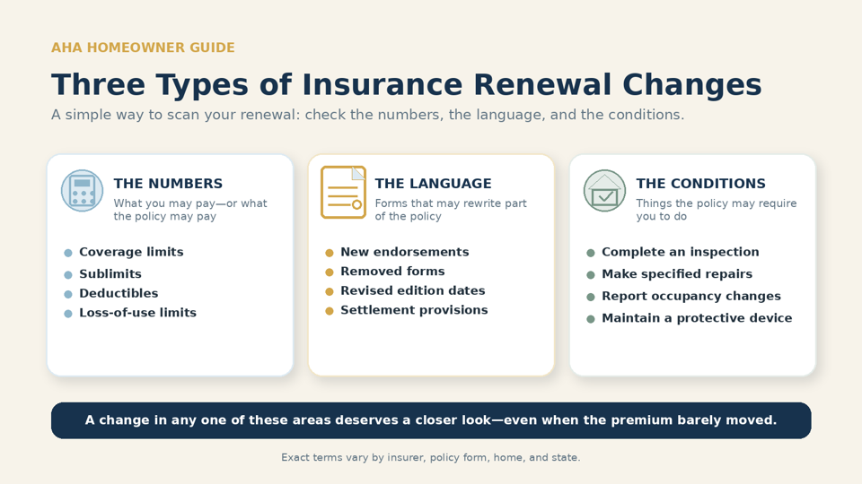 AHA guide showing three types of homeowners insurance renewal changes to review: coverage numbers, policy language, and new conditions or requirements.