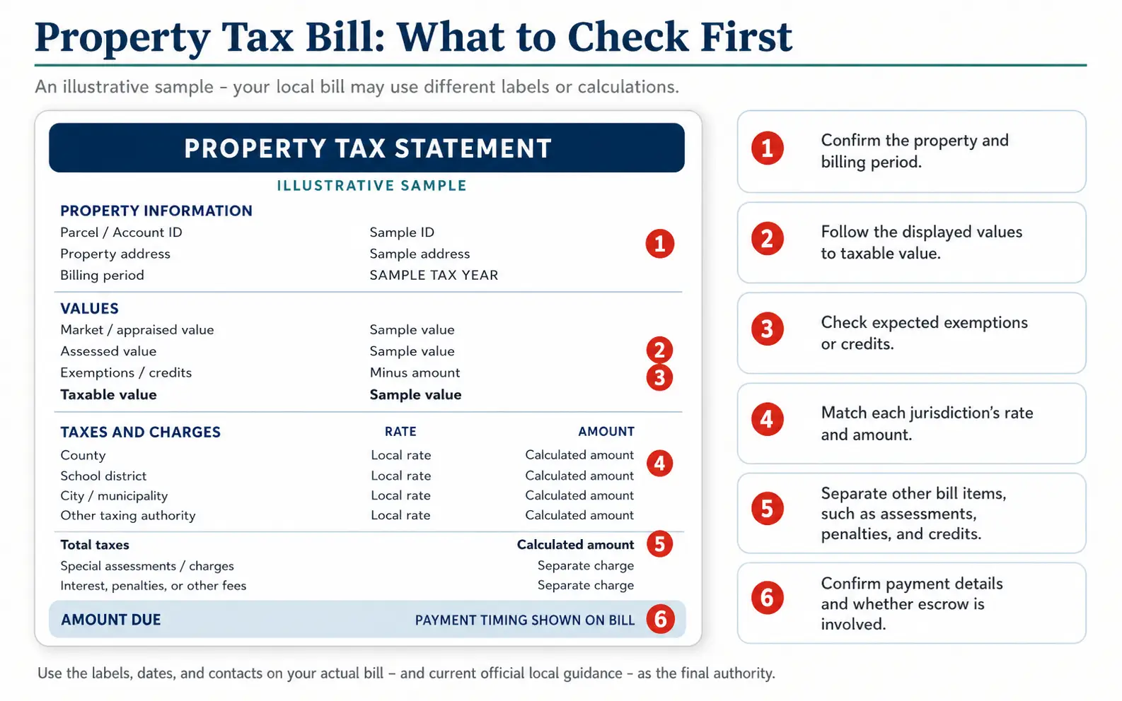 Illustrative property tax bill with numbered callouts for property information, assessed and taxable values, exemptions, taxing-jurisdiction lines, separate charges, and payment details.