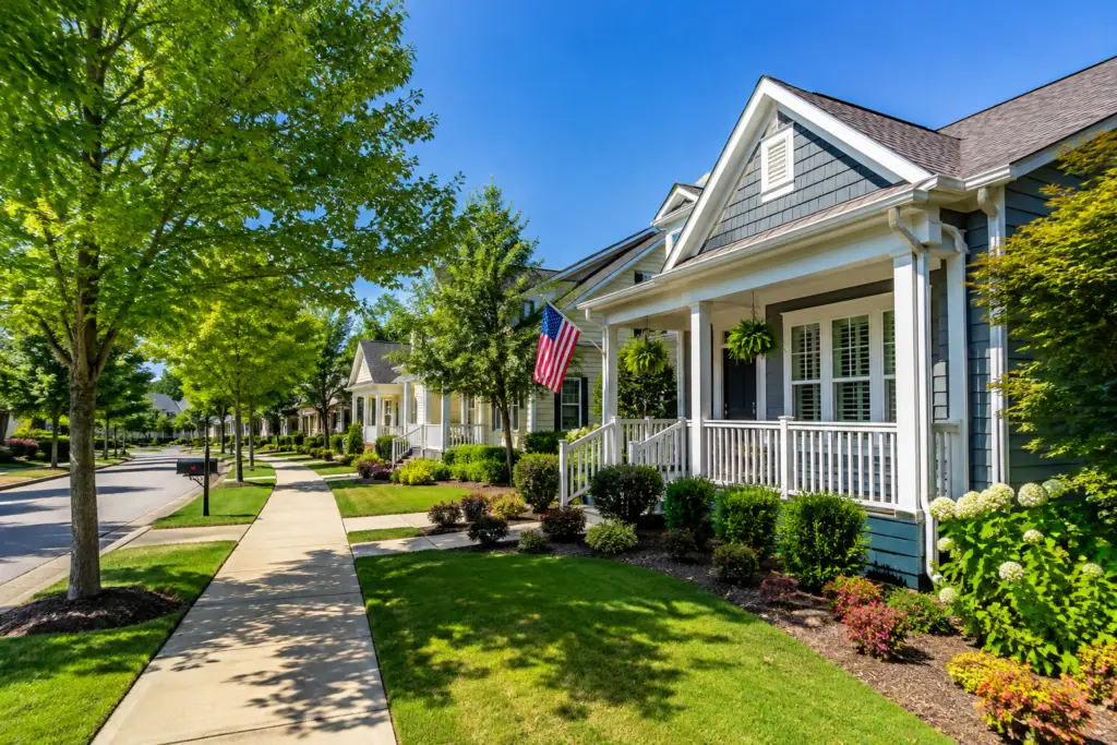 Tree-lined residential street with detached homes, sidewalks, lawns, and front porches on a sunny day.