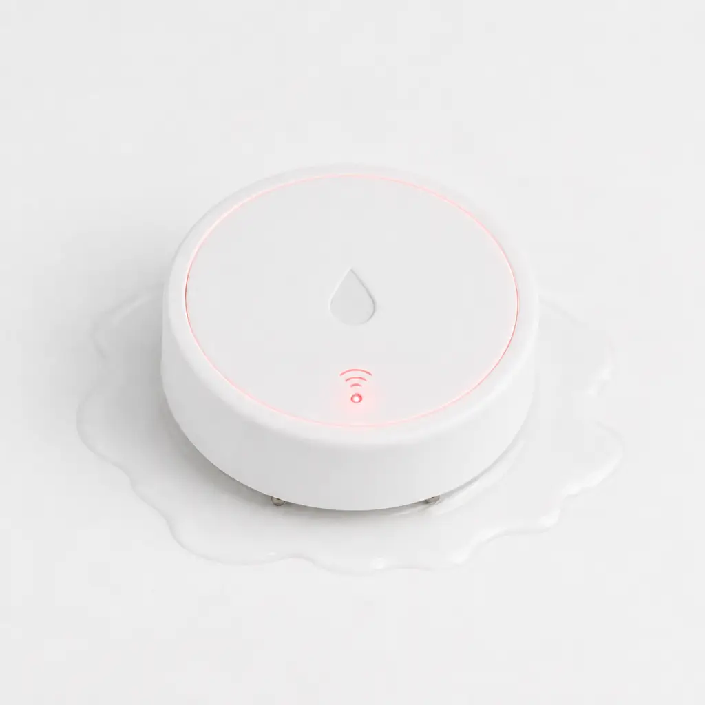 Water leak sensor sitting in a small puddle and displaying an active alert after detecting moisture.
