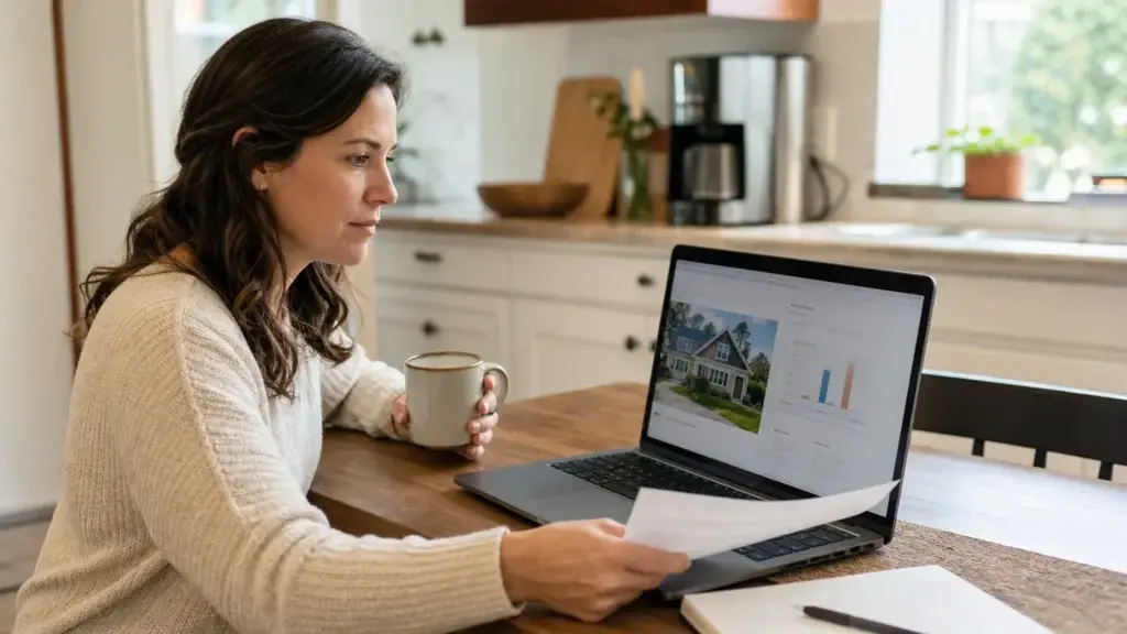 Homeowner reviewing a mortgage statement and home-value estimate on a laptop at a kitchen table.