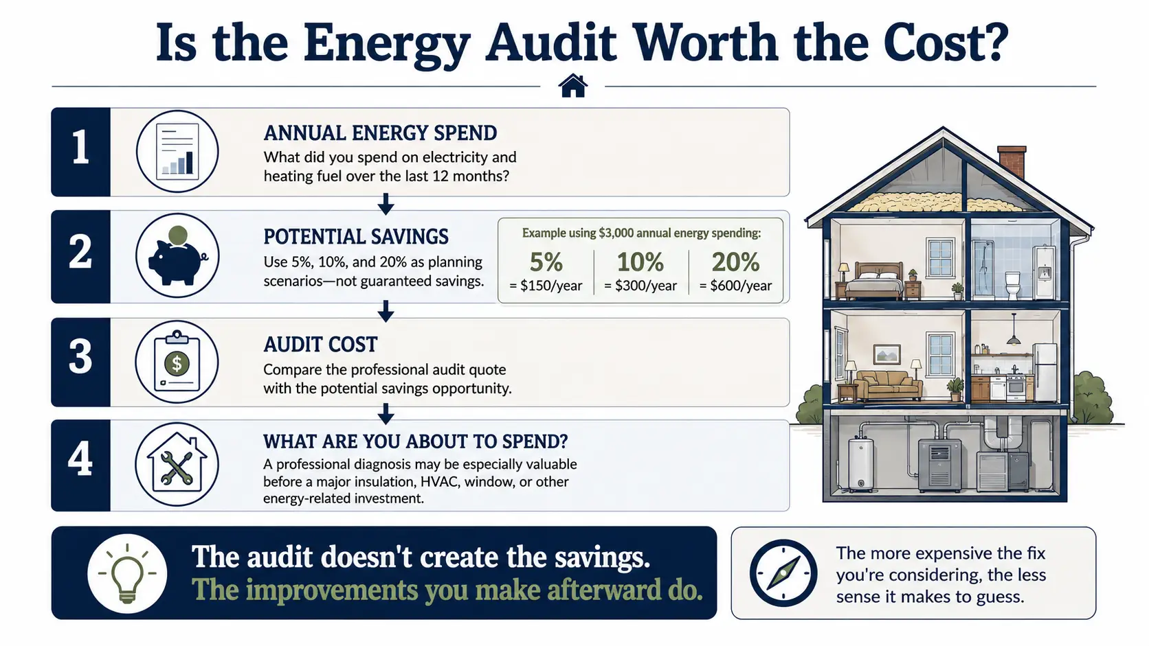 Four-step framework for comparing annual energy spending, illustrative savings scenarios, audit cost, and the size of a planned upgrade.
