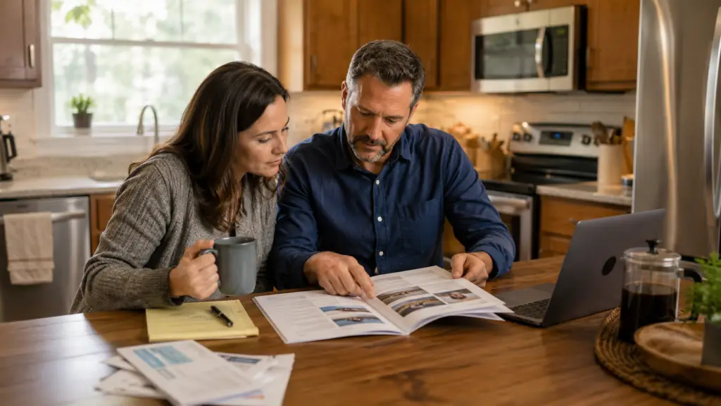 Homebuyers reviewing a home inspection report before closing on a house.
