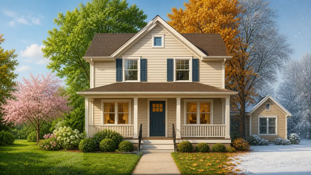 American home shown through changing seasonal conditions representing year-round energy efficiency planning.