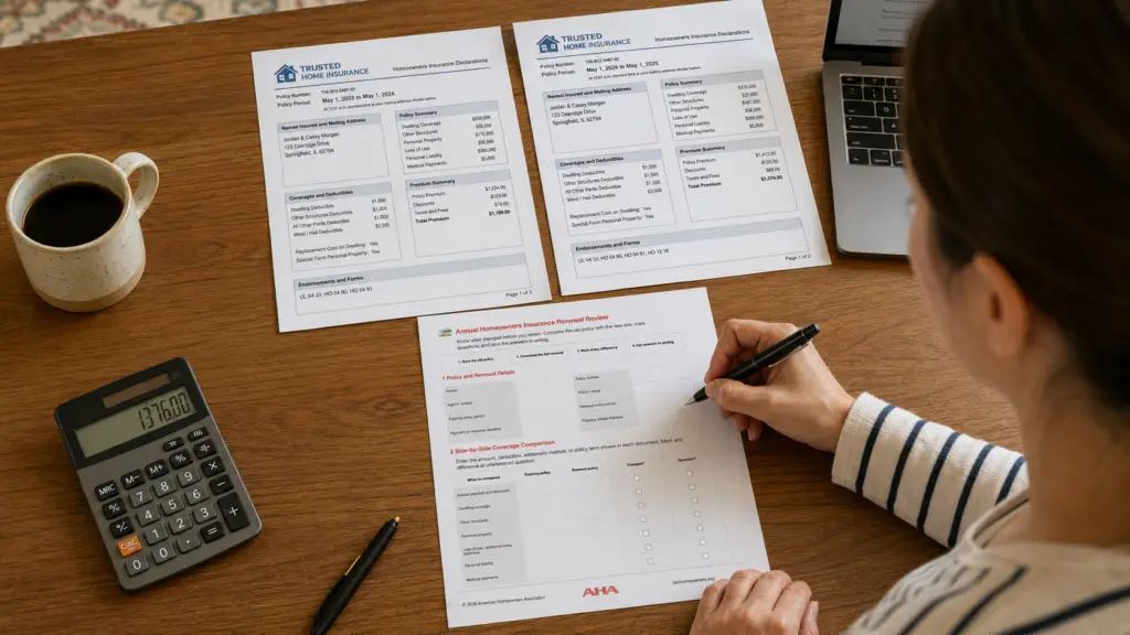 Homeowner comparing old and new homeowners insurance policy documents side by side using the AHA Annual Homeowners Insurance Renewal Review checklist.