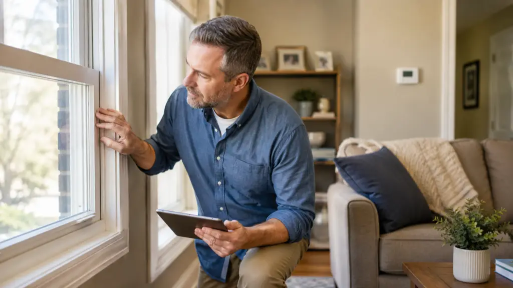 Homeowner checking a window for a possible source of energy loss while reviewing notes.