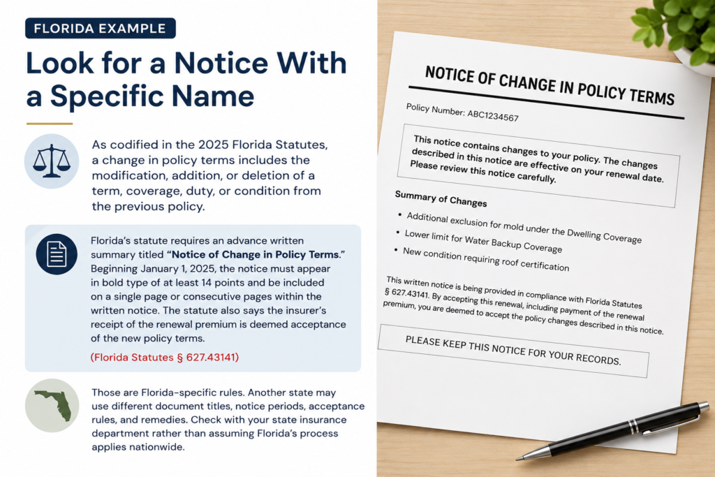 Florida homeowners insurance guide explaining the Notice of Change in Policy Terms required under Florida law and what homeowners should review before renewal.