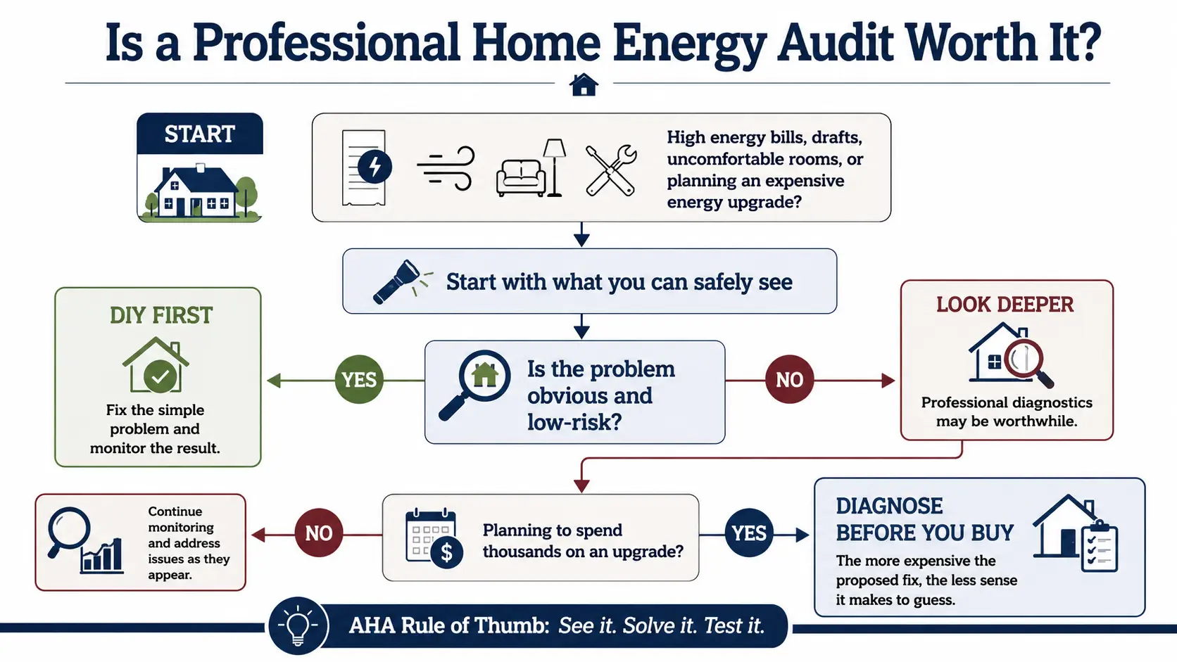 Decision graphic showing when to start with simple observation and when professional diagnostics may be worthwhile.