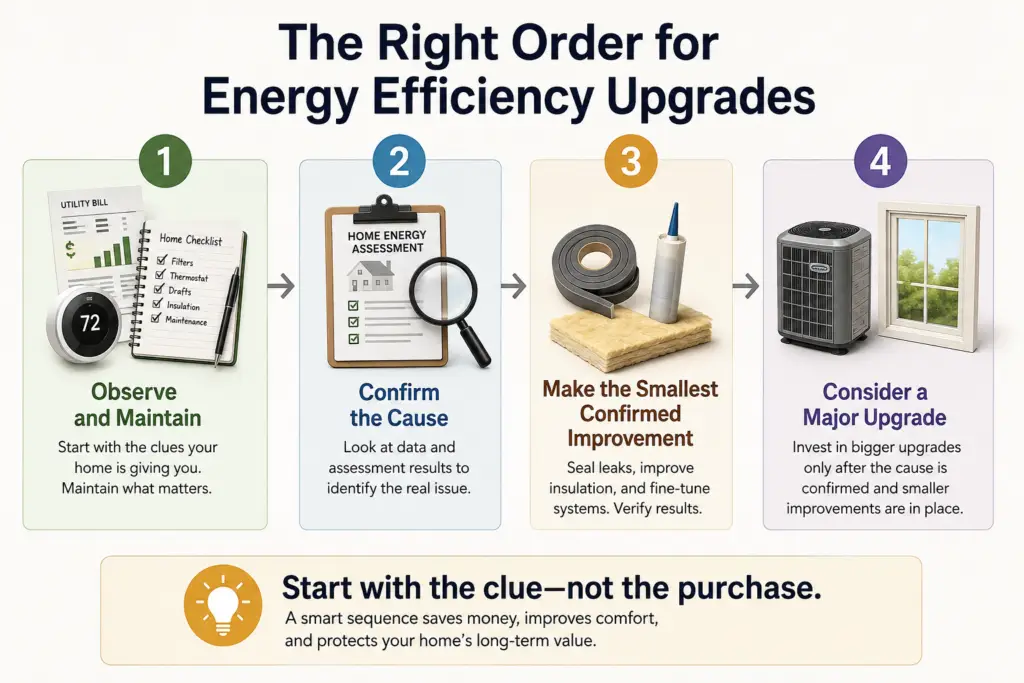 Four-step energy efficiency upgrade path: observe and maintain, confirm the cause, make the smallest confirmed improvement, then consider a major upgrade.