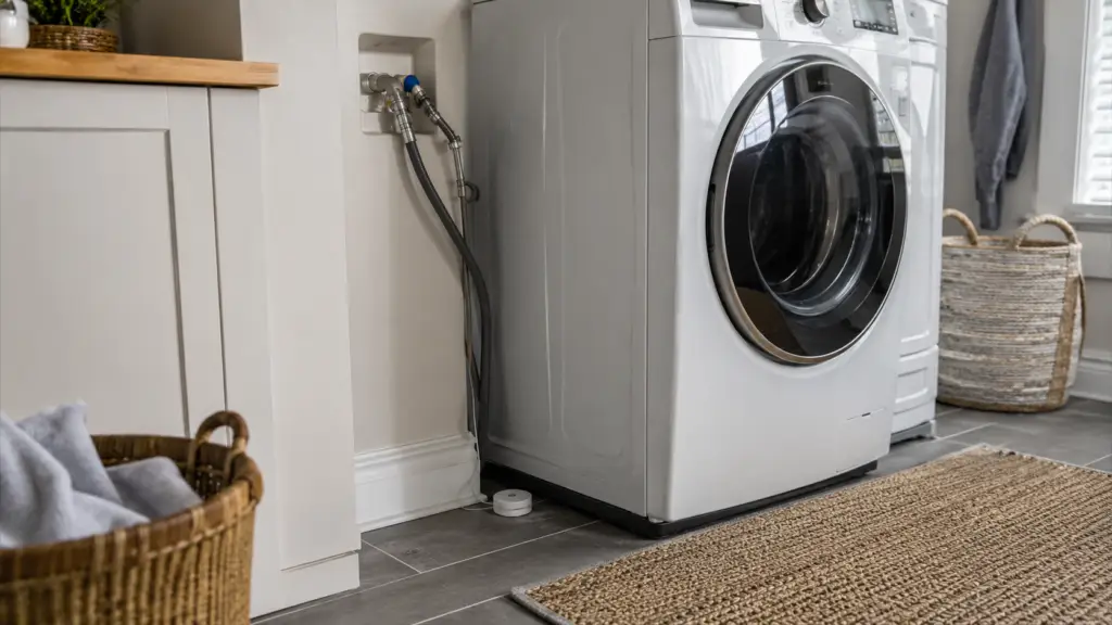 Smart water leak detector placed near a washing machine to help catch plumbing leaks early.