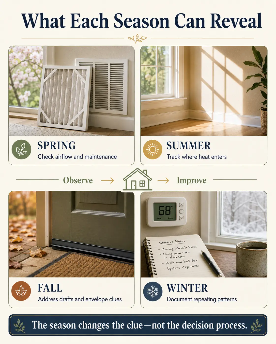 Four seasonal home energy clues showing spring airflow maintenance, summer heat gain, fall drafts, and winter comfort patterns.