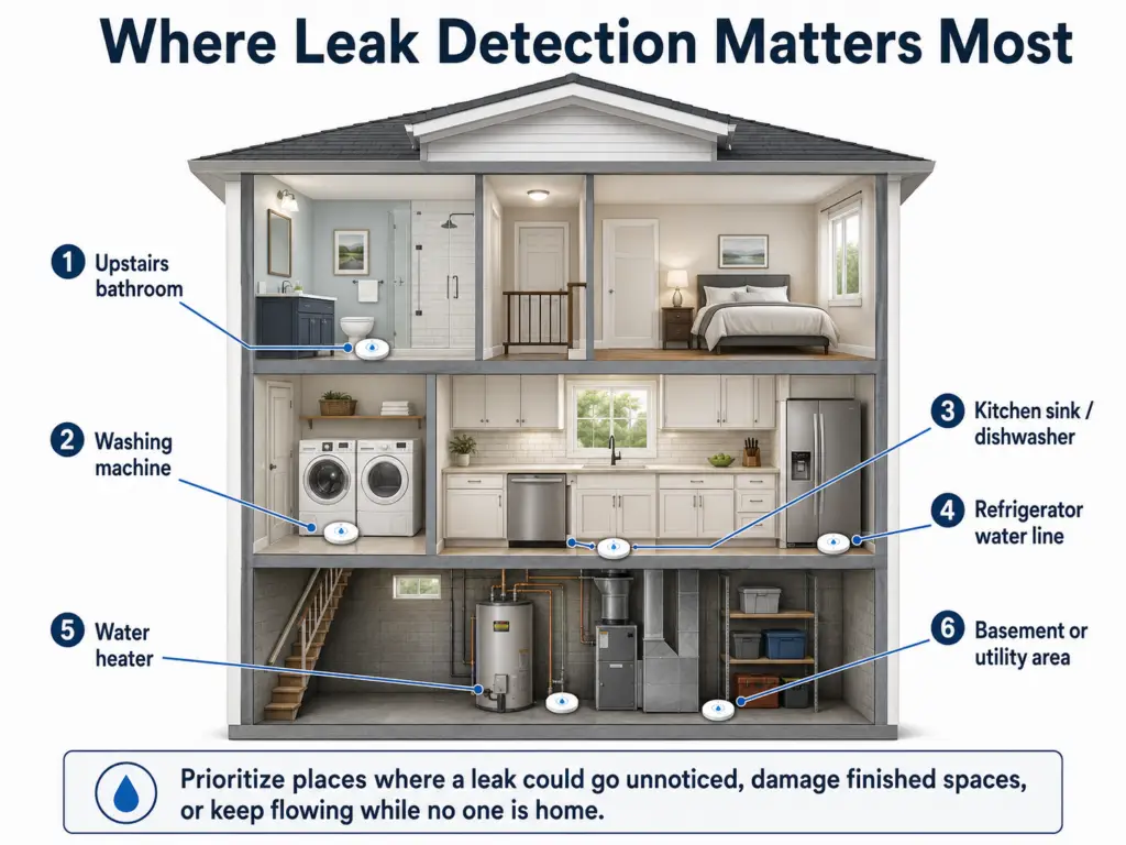 Home diagram showing high-priority locations for water leak detectors near a washing machine, water heater, kitchen, bathroom, and basement.