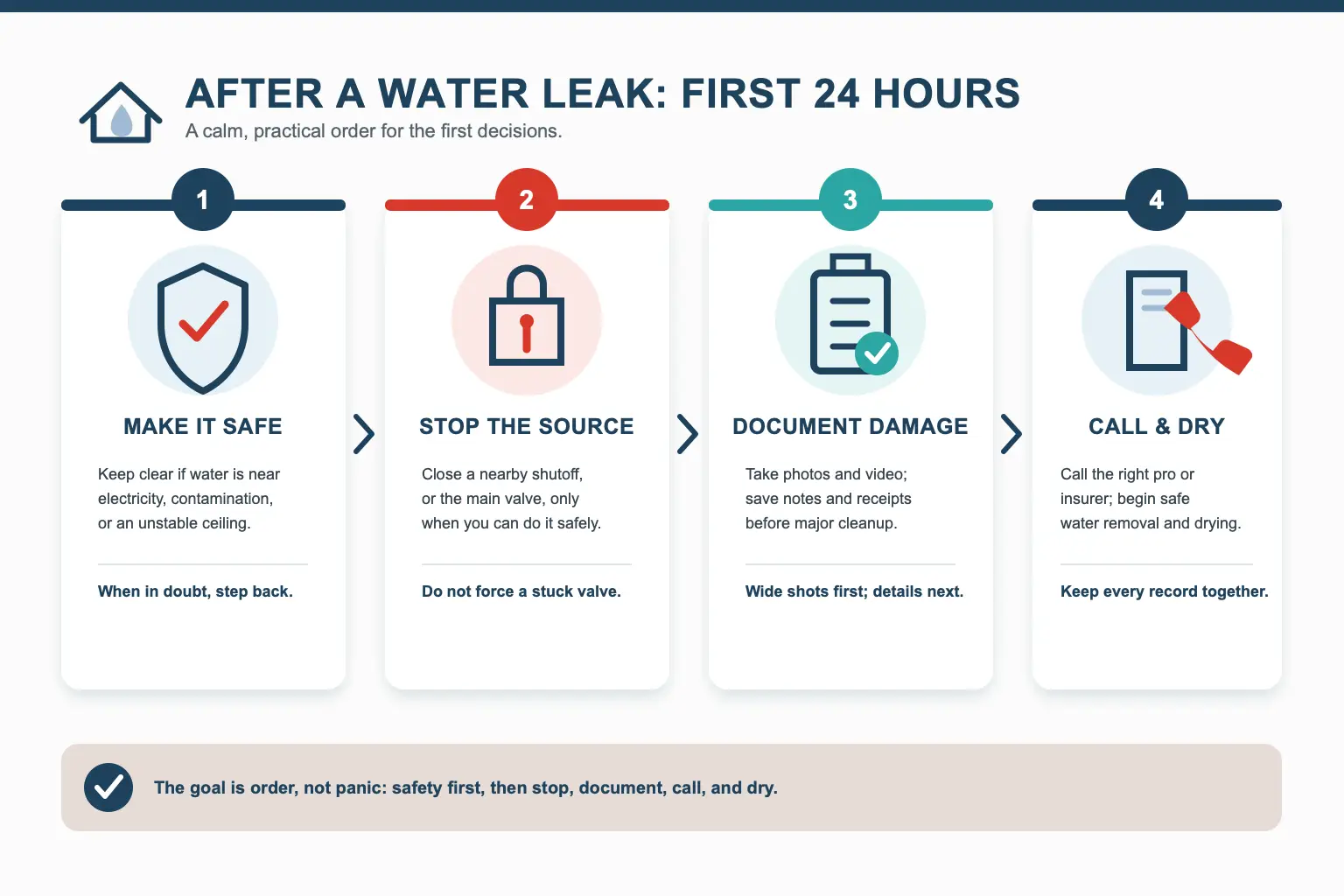 A four-step first-24-hours water-leak checklist: make it safe, stop the source, document damage, and call and dry.