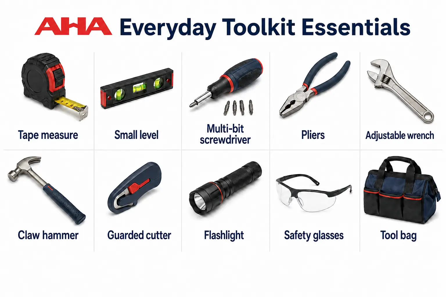 Ten labeled starter-kit items: tape measure, small level, multi-bit screwdriver, pliers, adjustable wrench, claw hammer, guarded cutter, flashlight, safety glasses, and tool bag.