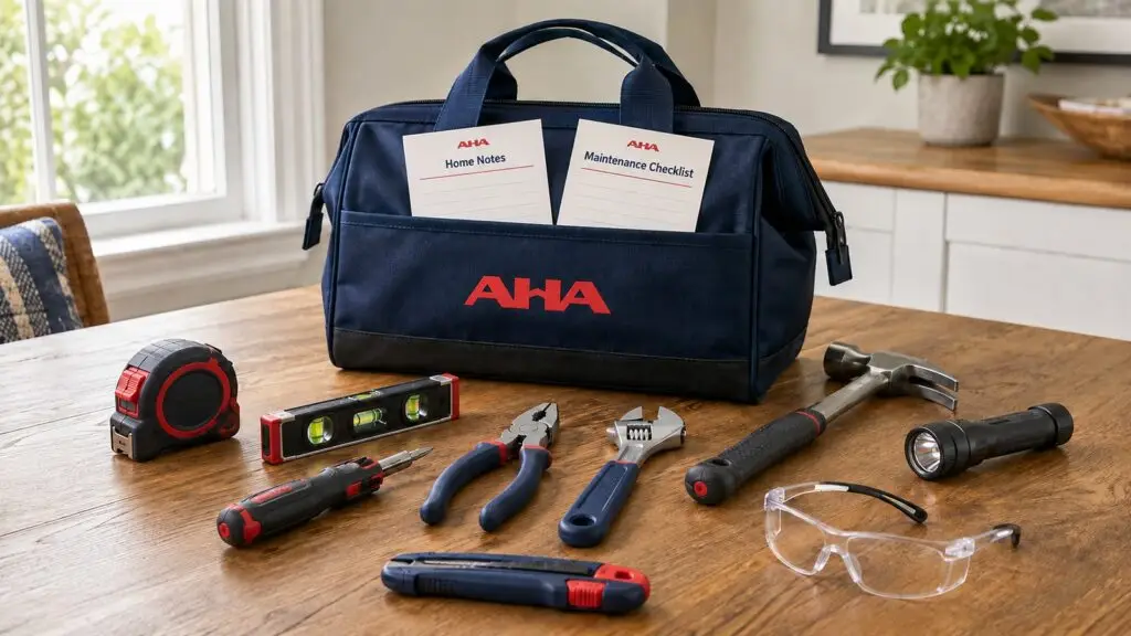 AHA-branded tool bag with Home Notes and Maintenance Checklist mockup cards, surrounded by basic hand tools and safety glasses on a wooden table.