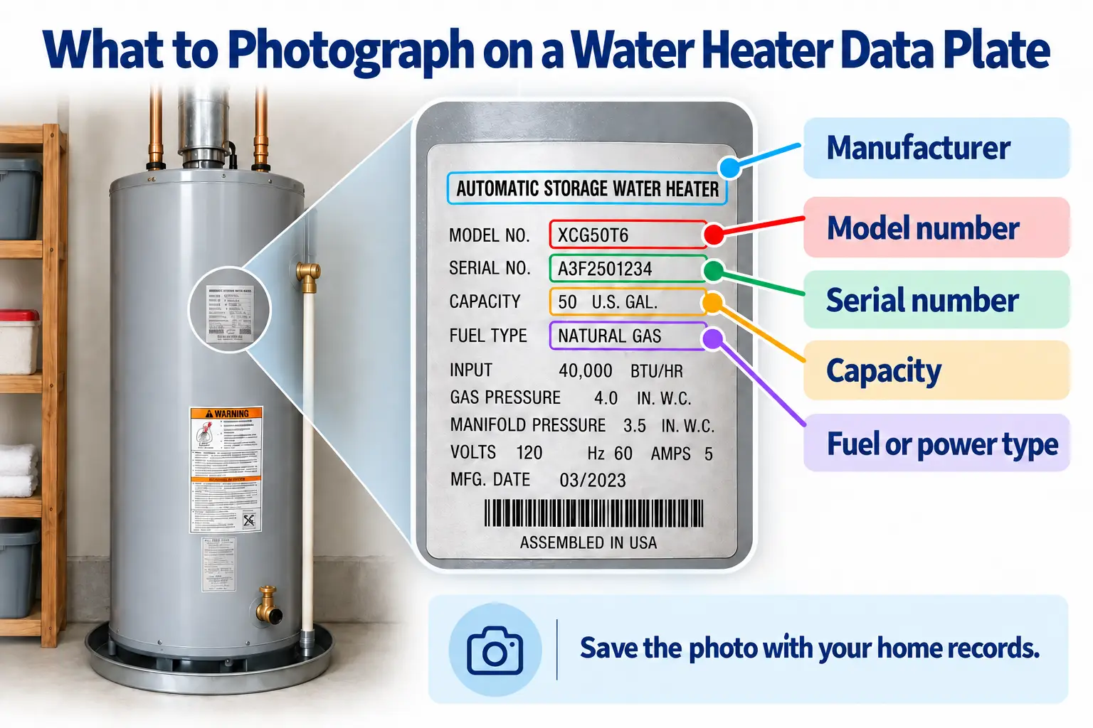 Wide labeled guide showing where to find a water heater data plate and the manufacturer, model number, serial number, capacity, and fuel or power type to photograph.