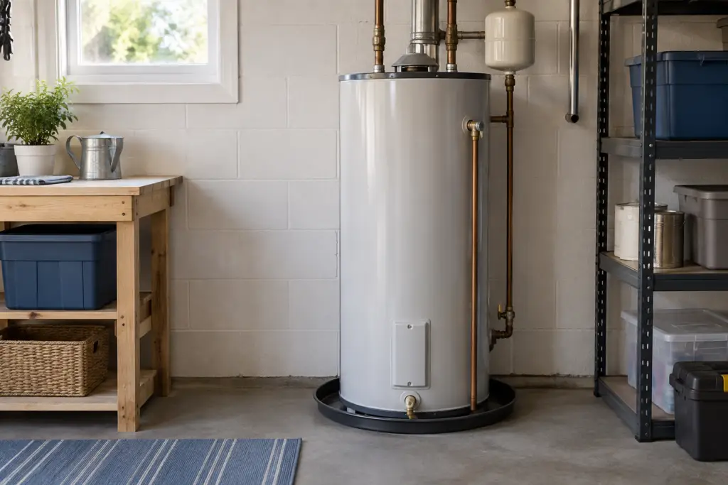 Storage-tank water heater in a clean, ordinary home utility room.