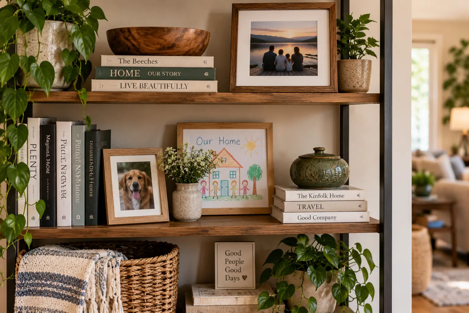 Bookshelf with framed photos, plants, books, artwork, and personal household objects