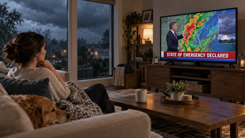 Homeowner calmly watching severe weather coverage as a state of emergency is declared.