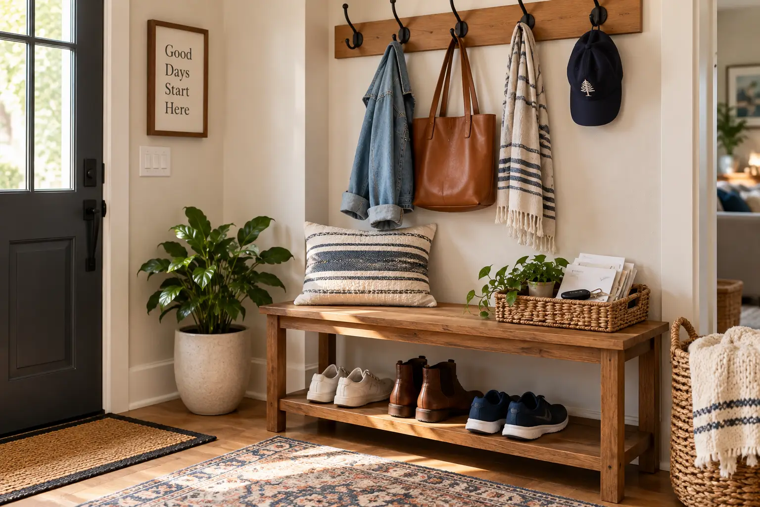 Entryway with hooks, bench, shoes, basket, plants, and everyday household items