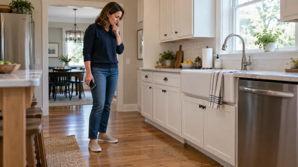 Homeowner holding a phone while noticing water on the kitchen floor near the sink.