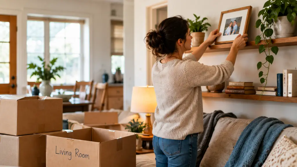 Homeowner placing a framed photo on a shelf in a warm living room with moving boxes nearby