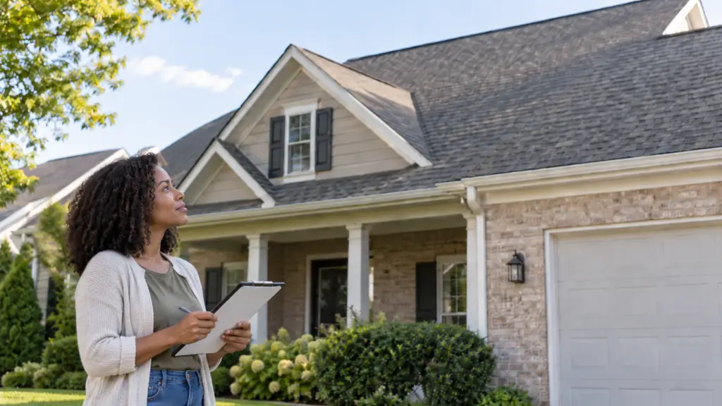 Homeowner holding a clipboard while looking toward the roof from the yard.