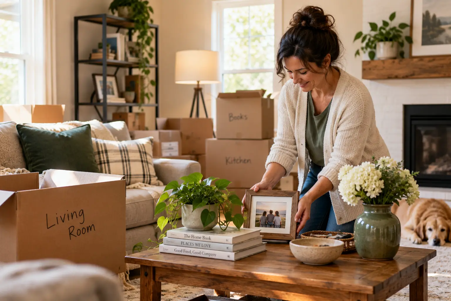 Homeowner arranging framed photo, plants, books, and flowers in a lived-in living room with moving boxes nearby