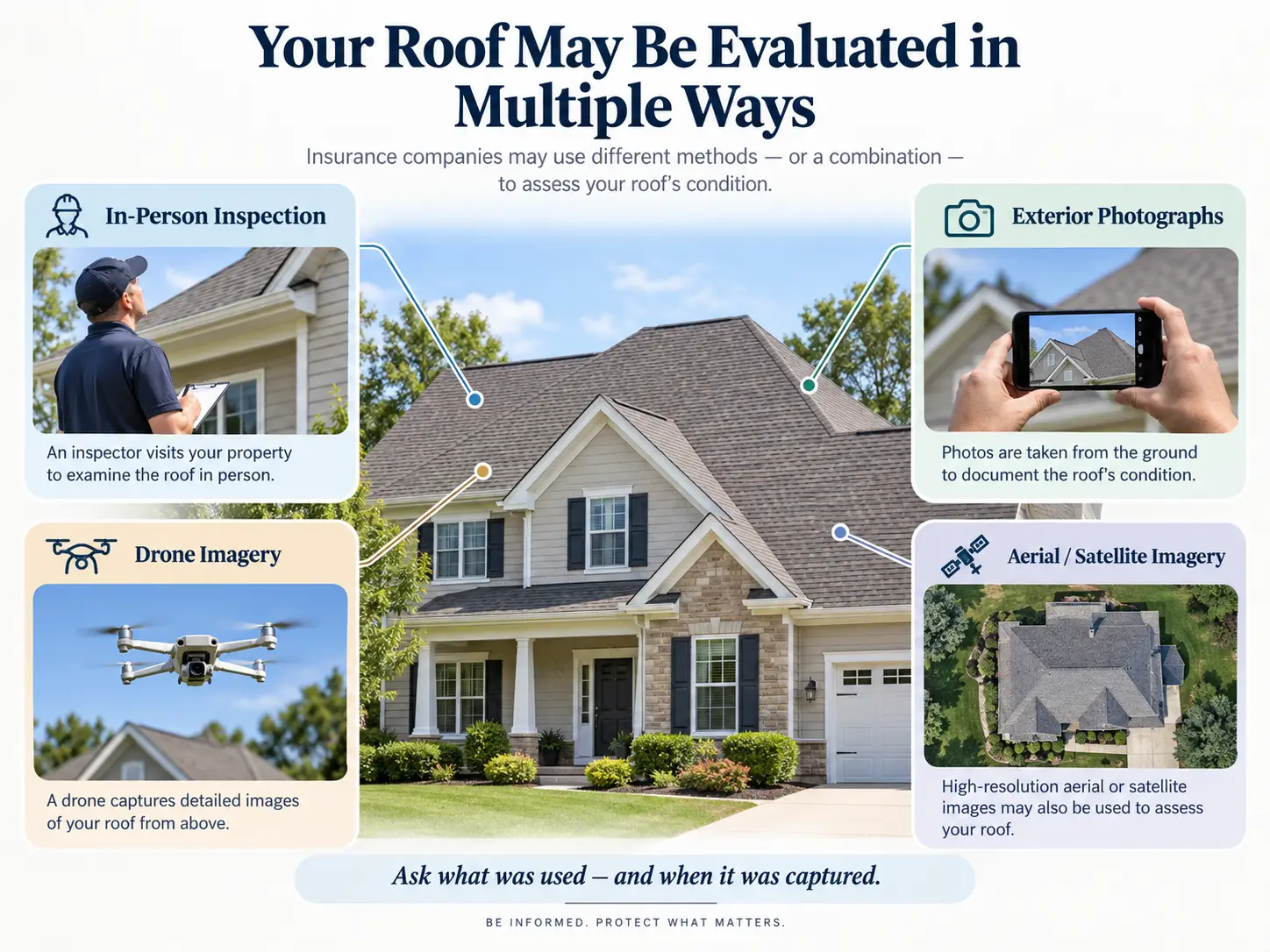 Four illustrative roof evaluation methods: an in-person inspection, exterior photos, drone imagery, and aerial or satellite imagery.