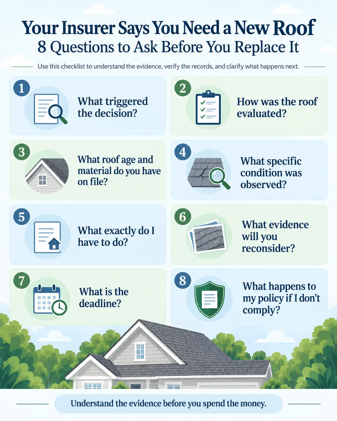 Eight questions about the insurer's roof decision, evaluation, records, observed condition, required work, review evidence, deadline, and policy consequence.
