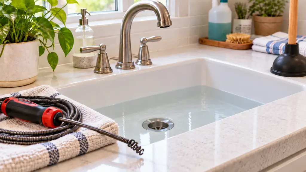 Slow household sink with a plunger and drain snake nearby for clearing a clogged drain.