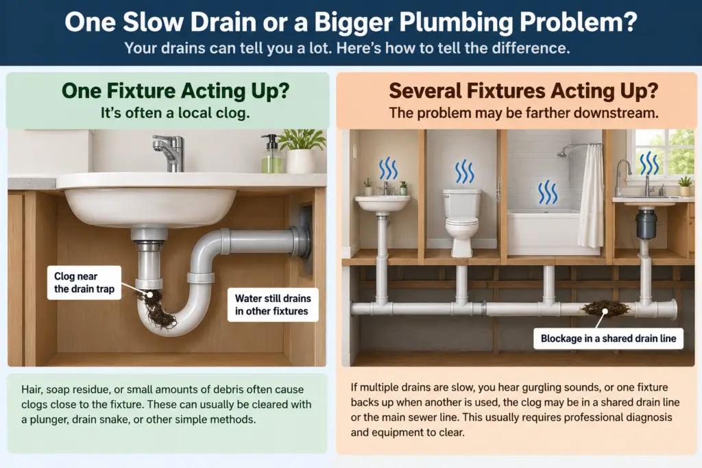 Diagram comparing a clog in one household drain with a deeper plumbing blockage affecting multiple fixtures.