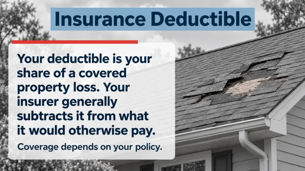 Damaged roof with missing shingles behind a definition: Your deductible is your share of a covered property loss. Your insurer generally subtracts it from what it would otherwise pay. Coverage depends on your policy.