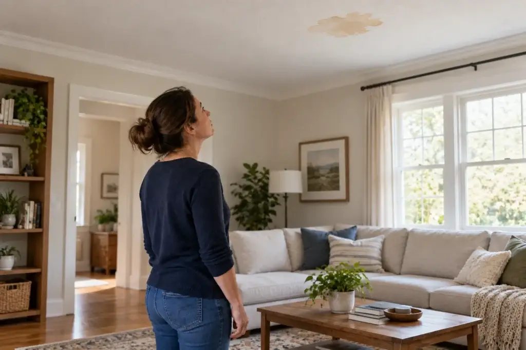 Woman looking up at a discolored patch on the living room ceiling above a sofa.
